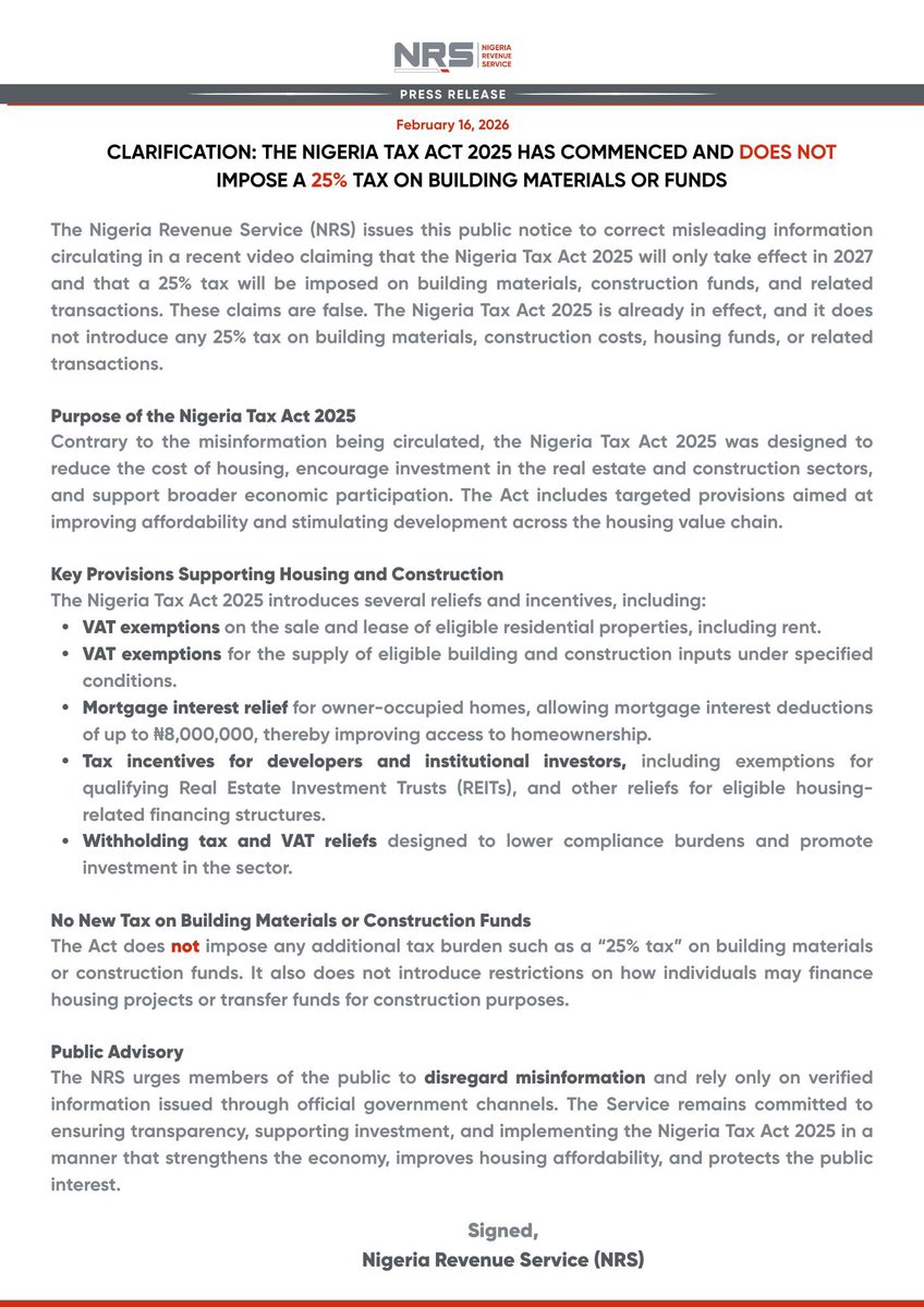 NigeriaRevenue's tweet image. PUBLIC NOTICE 📢📢

CLARIFICATION: THE NIGERIA TAX ACT 2025 HAS COMMENCED AND DOES NOT IMPOSE A 25% TAX ON BUILDING MATERIALS OR FUNDS

See post below 👇🏿 for more details