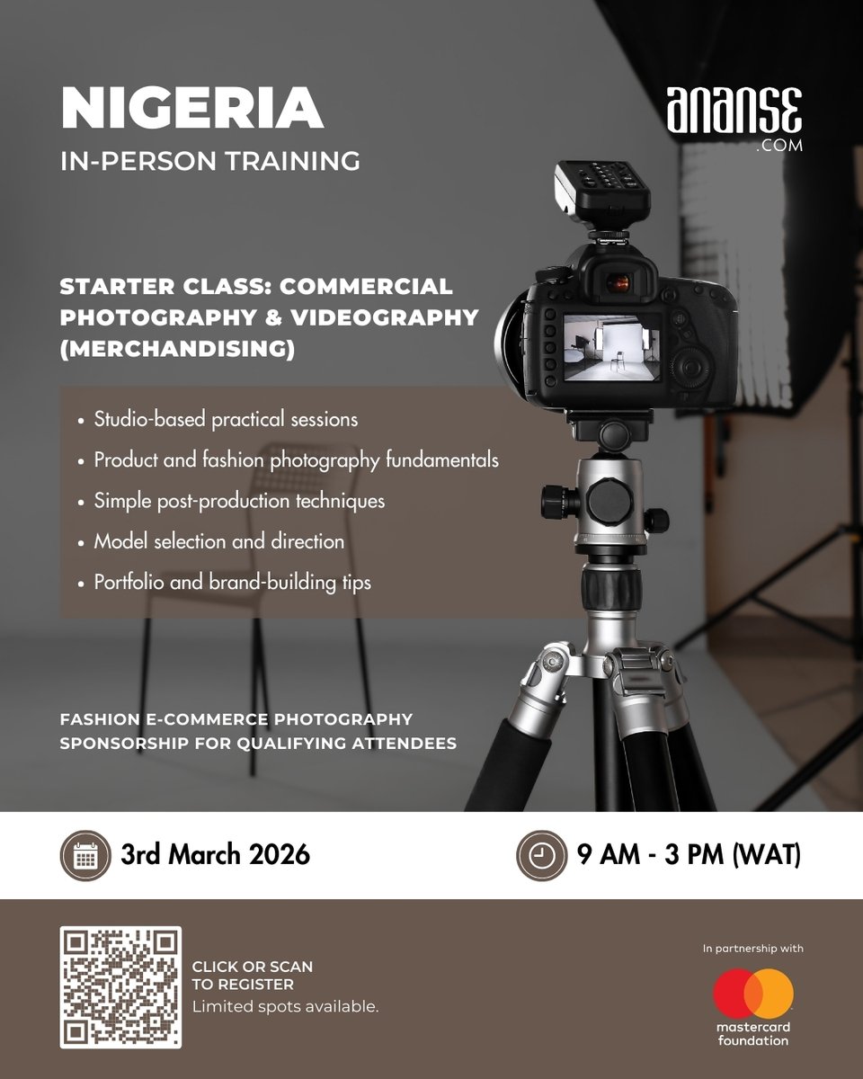 Want to take your photography and videography skills to the next level?
Click on the link below to register on ananse.com 🖊️🗓️

alpha.ananse.com/enrollment/sta…