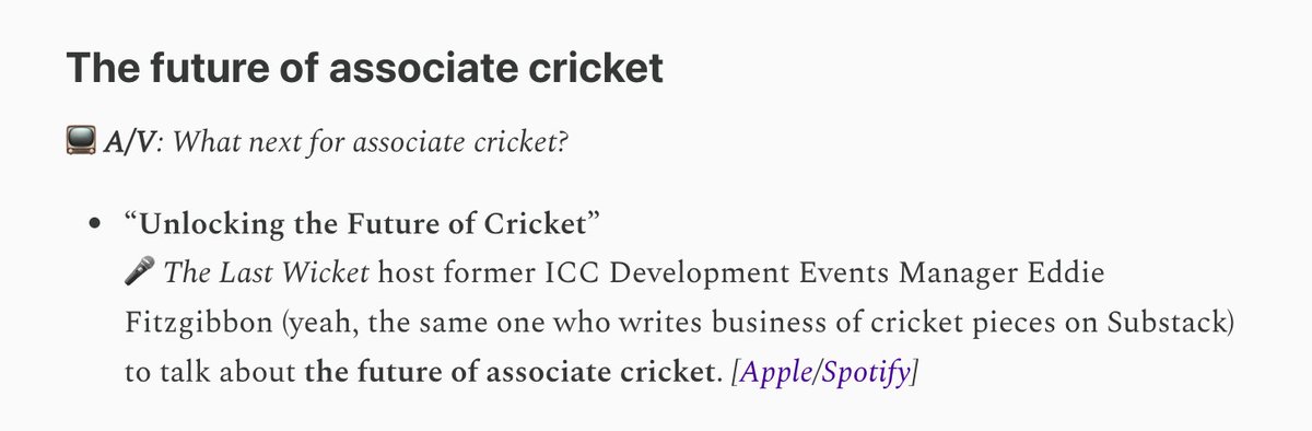BEST #CRICKET PODS &amp; VIDEOS:

<a href="/thelastwicket/">The Last Wicket</a> with <a href="/efitzgibbon5/">Eddie Fitzgibbon</a> on the future of associate cricket.

All stories at bestofcricket.substack.com/p/roundup-the-…