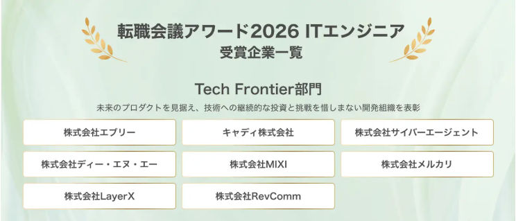 株式会社エブリーが、転職会議アワード2026 ITエンジニア Tech Frontier部門 を受賞しました！開発部門を中心にプロダクト開発を強化してきたので嬉しい！