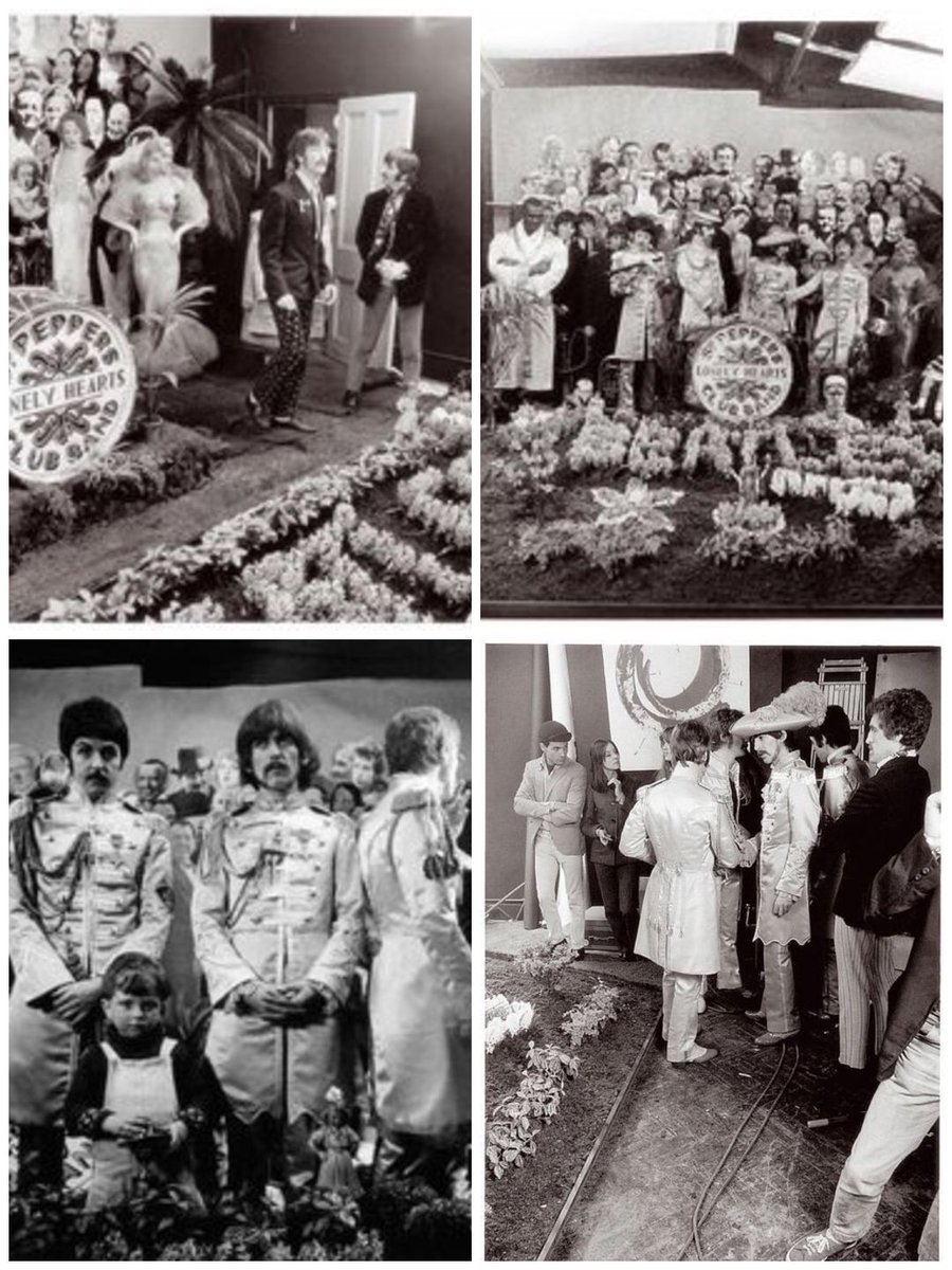 The Beatles on set for Sgt. Peppers album cover shoot, March 30, 1967. Photo by Michael Cooper. The Beatles at Chelsea Manor Studios, preparing for the most iconic album cover of all time. If you could pick one person to be on that cover with them, who would it be?