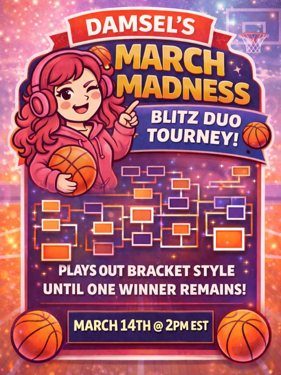damselplays's tweet photo. March Madness hits the island 🏀🔥
Grab your duo and drop into our Fortnite Blitz Duo Tournament for fast games, big plays, and chaotic fun.

Who are YOU rooting for? 👀
Reply &amp; tag your favorite streamers you want to see compete! #Fortnite #MarchMadness https://t.co/XZO7y7I2cF