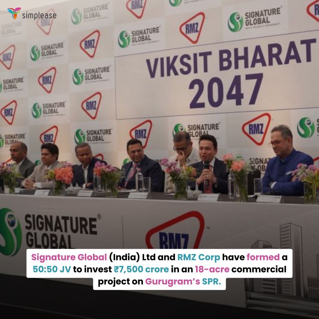 Signature Global &amp; RMZ form 50:50 JV to invest ₹7,500 crore in an 18-acre commercial project on Gurugram’s SPR 🏢

55 lakh sq. ft mixed-use development with offices, retail &amp; hotels planned.

#GurugramRealEstate #CommercialProperty #SignatureGlobal #RMZ