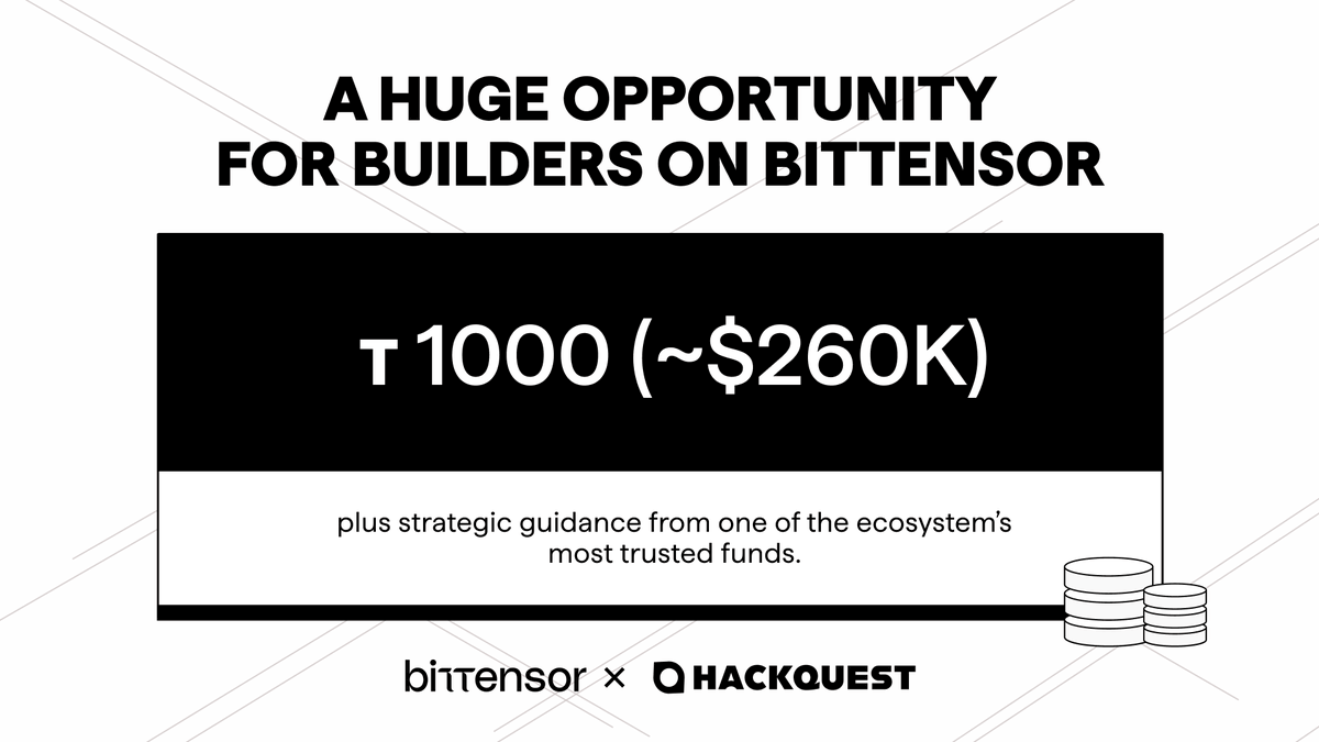 A huge opportunity for builders on <a href="/opentensor/">Openτensor Foundaτion</a>.

<a href="/UnsupervisedCap/">Unsupervised Capital</a> is watching our Ideathon closely — and may deploy up to 𝞃 1000 (~$260K) into a standout project, plus strategic guidance from one of the ecosystem’s most trusted funds.

Make your move 👇
hackquest.io/hackathons/Bit…