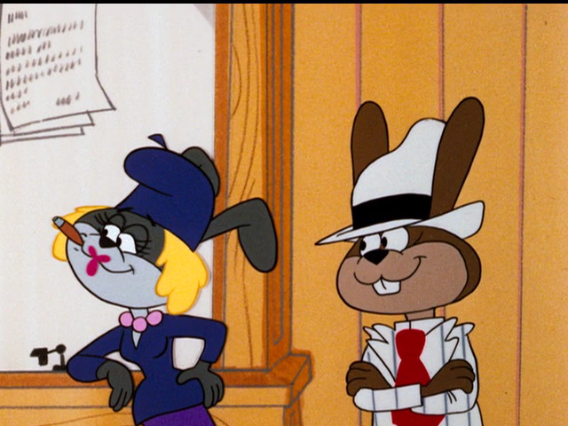 redraw of a frame from a later looney tunes cartoon, featuring bunny and claude