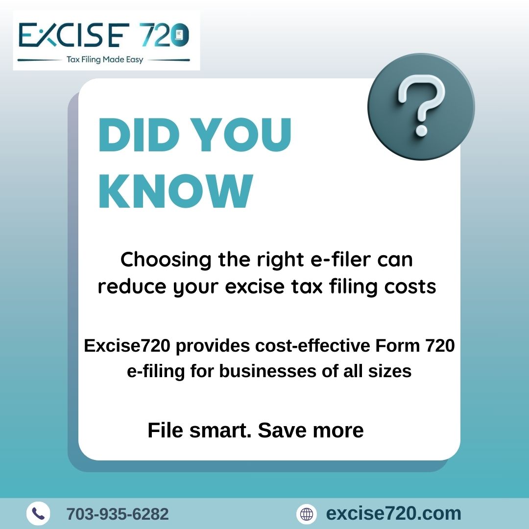 excise720's tweet image. Did you know? 
Choosing the right e-filer can significantly reduce your excise tax filing costs.
Excise720 offers cost-effective IRS Form 720 e-filing for businesses of all sizes.
File smart. Save more.
🌐excise720.com
#Form720 #IRSForm720 #ExciseTax #FederalExciseTax