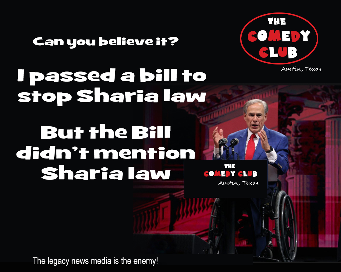 <a href="/brianeharrison/">Brian Harrison</a> <a href="/NEWSMAX/">NEWSMAX</a> You might think this is a joke, but after an uproar in Texas about EPIC City, a proposed muslim only sharia law city located just East of Plano, Governor Abbott made up a story about two bills (HB2411/SB4). Abbott and the fake news media claimed the bills would stop sharia law in