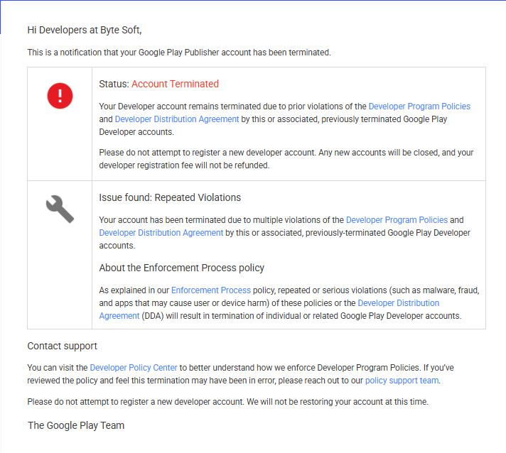 humayunbee's tweet photo. Hi @GooglePlayBiz @AndroidDev, my developer account (Byte Soft) was terminated due to 'association' issues (Ticket: 5-2563000036181). I'm a CTO &amp; Software Engineer. I have NO other accounts. I suspect a false positive based on network/IP. Please help me get a human review. https://t.co/lGKvC3zggU