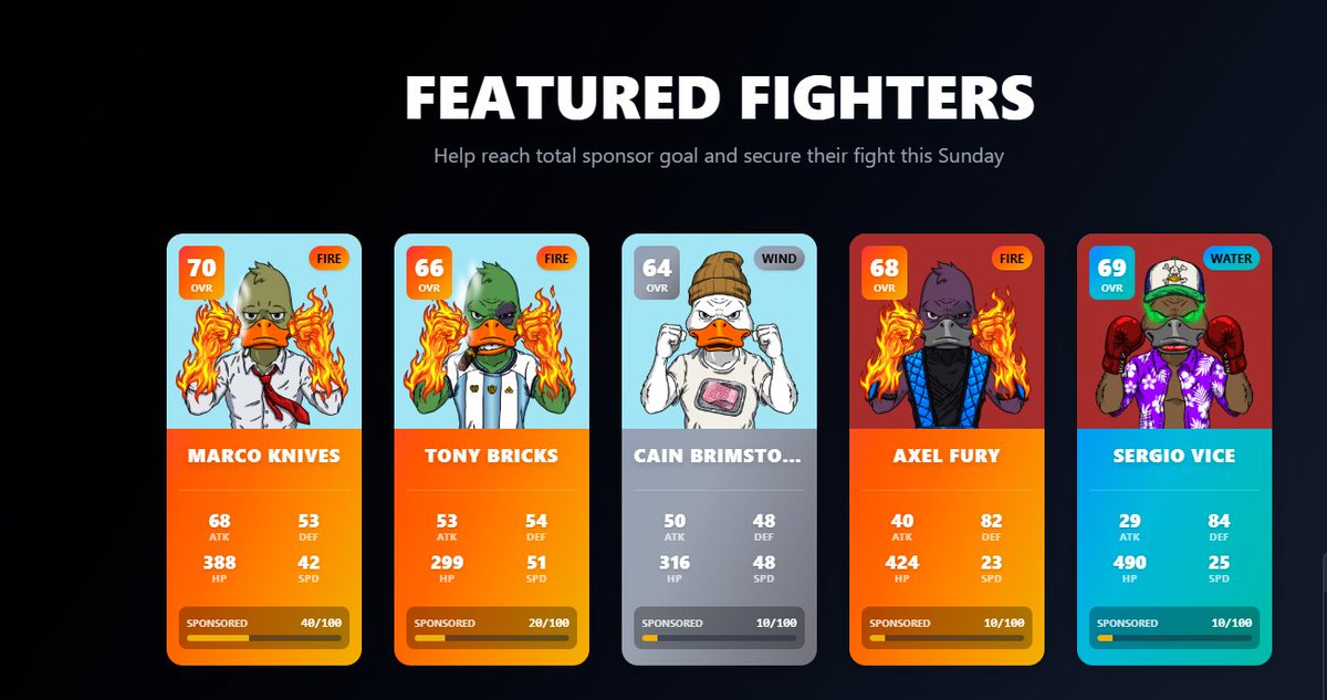 Started picking my sponsorships for the next Duck Club fight. I have Marco Knives, Tony Bricks, Snack Bandit, Cain Brimstone, and Sergio Vice. Good luck gents, may the best fighter win. Now lets make some money!