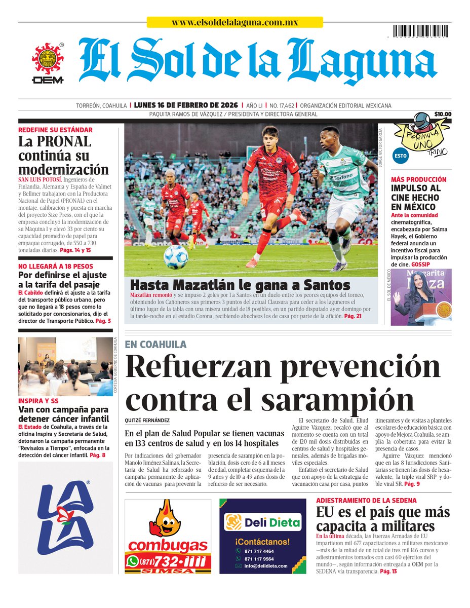 ¡Buen #lunes! ☀️😊 Te dejamos la información para empezar el día

💉 Refuerzan prevención contra el #sarampión en #Coahuila
➡️ tinyurl.com/2s6e2xav

⚽ Hasta Mazatlán le gana a Santos
➡️ tinyurl.com/u7au85hr