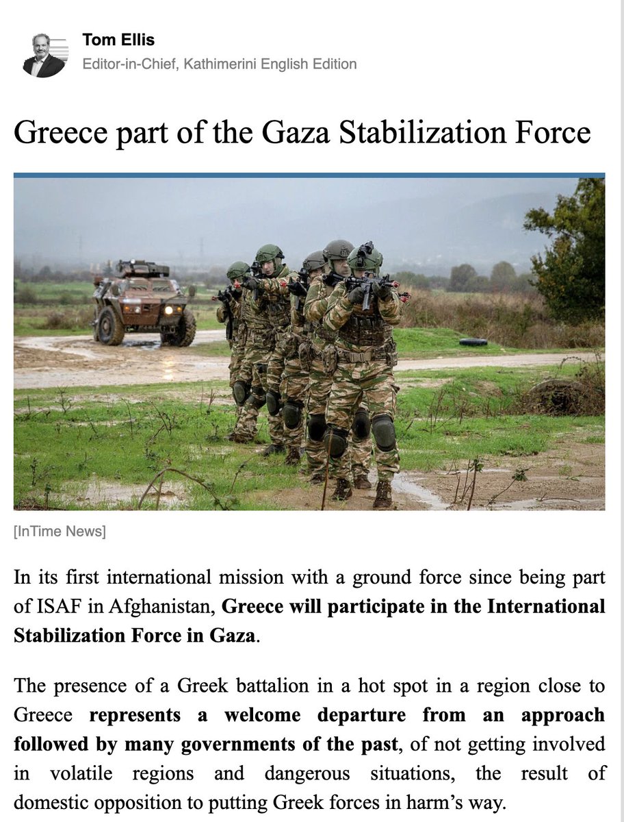 The pro-genocide government of <a href="/kmitsotakis/">Kyriakos Mitsotakis</a> has committed 100-150 Greek soldiers to the 'International Stabilization Force' in Gaza.

Greek forces will have armored vehicles and will be deployed within the security perimeter established in Gaza by Israel's genocidal army.