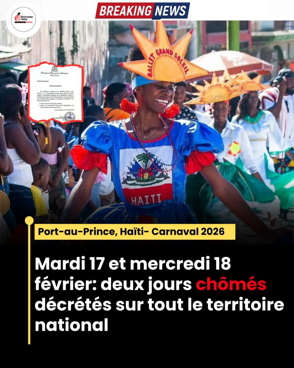 richvelny's tweet photo. Mardi 17 et mercredi 18 février 2026 : deux jours chômés décrétés sur tout le territoire national

Link: https://t.co/q1ge04lOri

Richneïder VELNY✍️ https://t.co/rAjgcsX31s