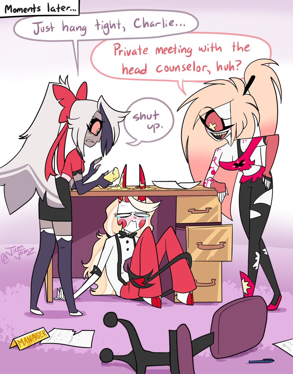 JumJamz's tweet image. Vaggi, Charlie, that's kinda cliche. No wonder they're embarrassed

#chaggie #HazbinHotel