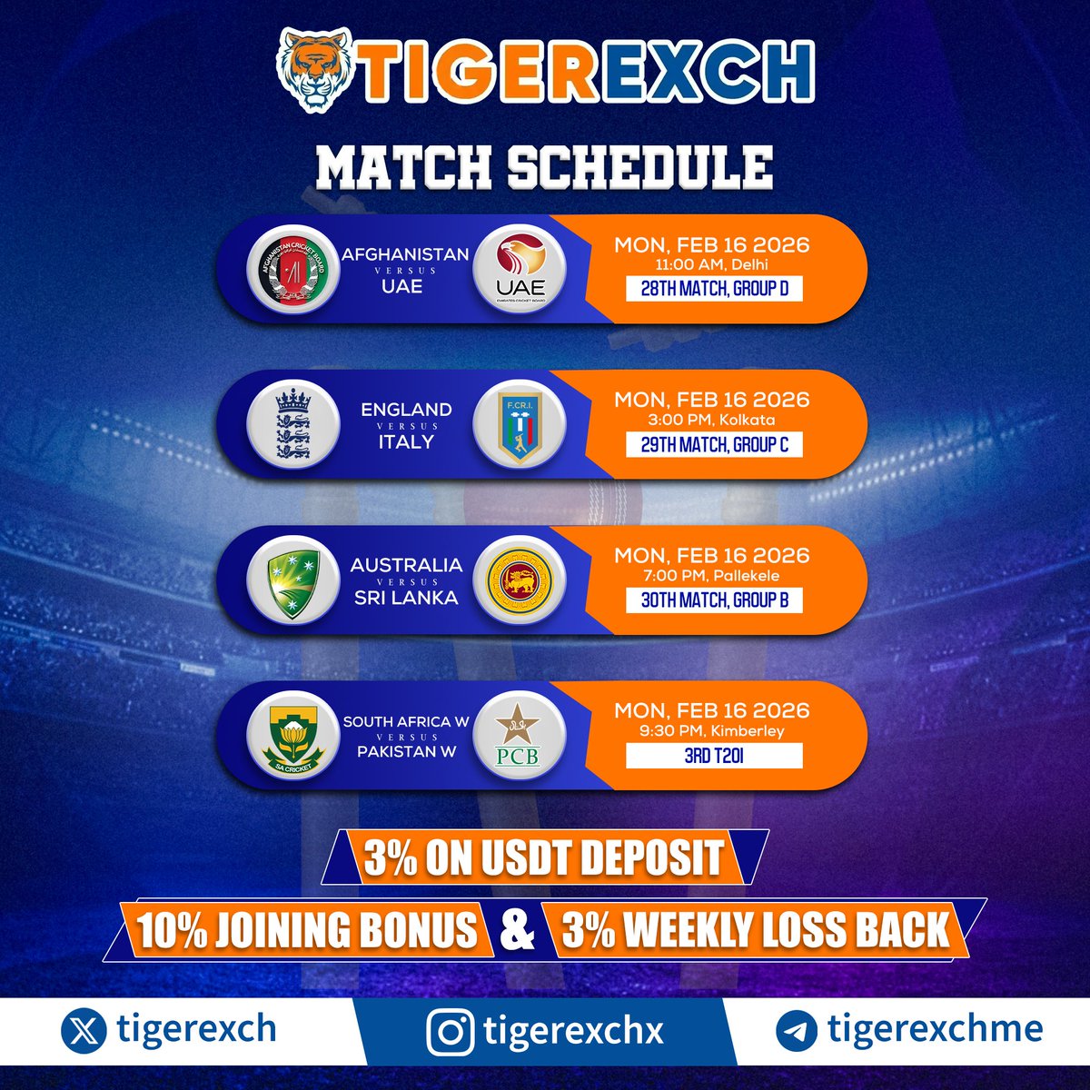 From Delhi to Kimberley —
Non-stop cricket. Non-stop action. 💥

🎁 10% Joining Bonus
🎁 3% USDT Deposit Bonus
🎁 3% Weekly Loss Back

Asia’s No.1 Exchange – TigerExch

Create your ID now 👇
🔗 tigerxchange.com/m/signupnow

#cricketid #cricket #T20WorldCup