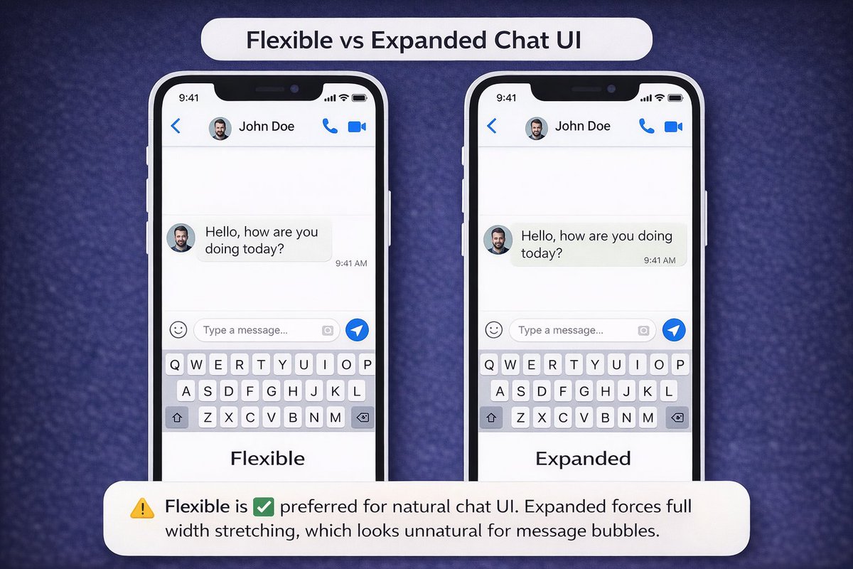 Flutter_Flakes's tweet image. Many developers use Expanded everywhere without realizing the difference.

Let's understand this Tip with a code snippet and visual UI example of a chat screen.

Small widget choice. Big UI difference.

#Flutter #Dart #Widget #FlutterFlakes
