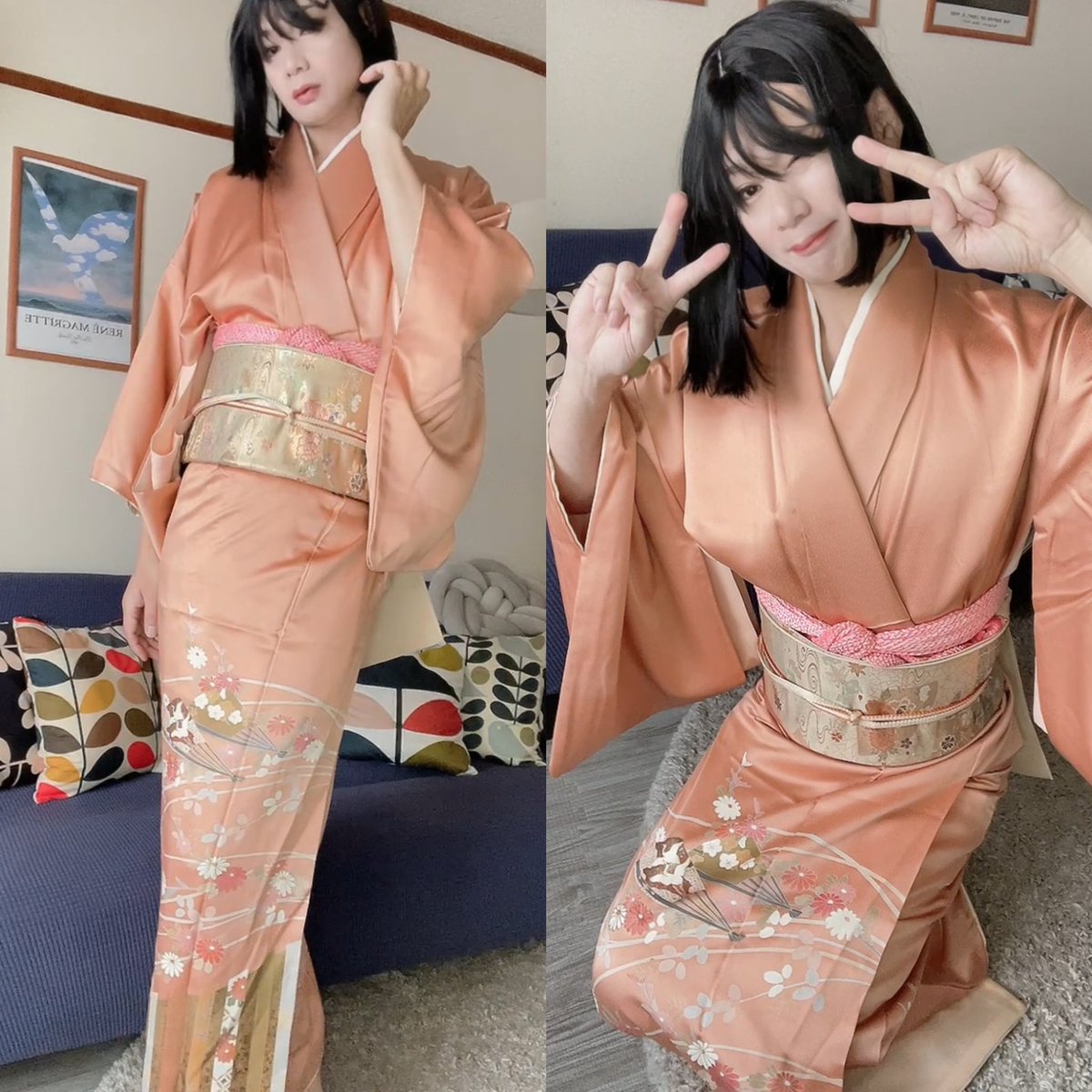 二度目のセルフ着付け
帯位置も襟もめちゃくちゃ🤣
見せるのが恥ずかしいくらい下手だけど記念に📸
でも着付けめっちゃ楽しい🥰

着物似合ってるかなぁ？☺️