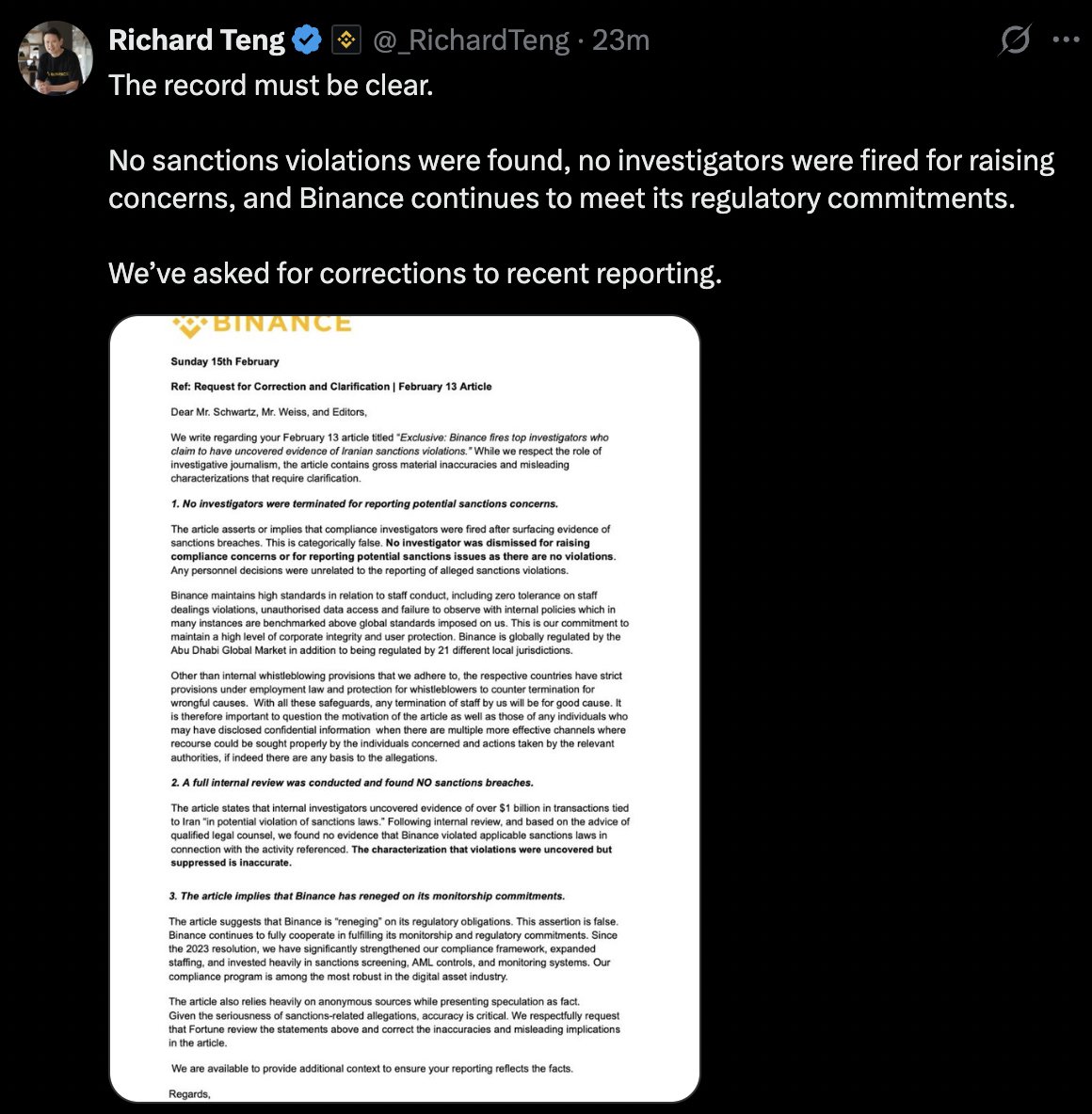 So <a href="/_RichardTeng/">Richard Teng</a> (CEO) claims #Binance’s internal probe found no sanctions violations and concluded the exchange broke no laws.

Source: Trust me bro 🫠
