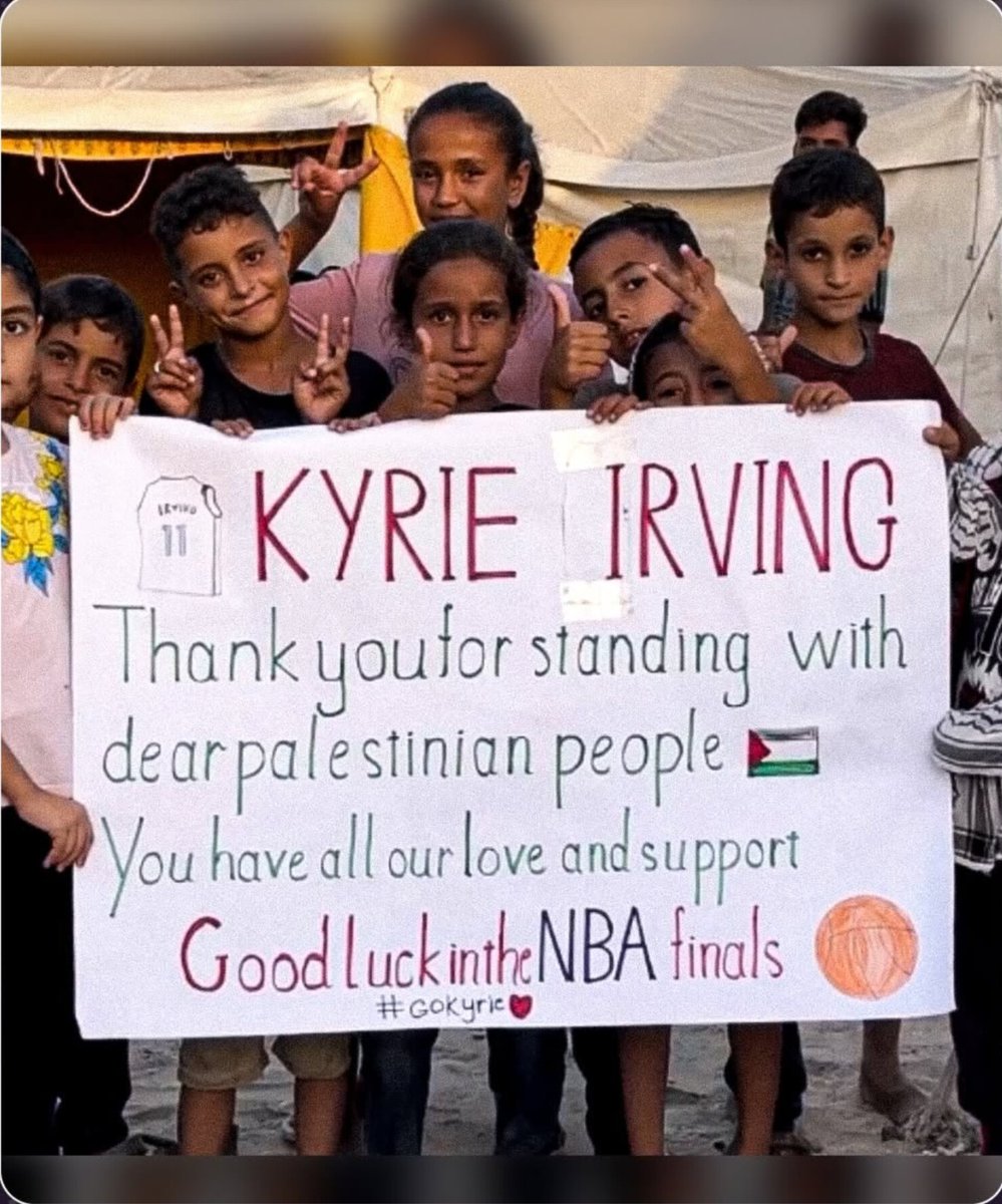 OunkaOnX's tweet image. Palestinian children held up a sign that thanked Kyrie Irving for his support of Palestine