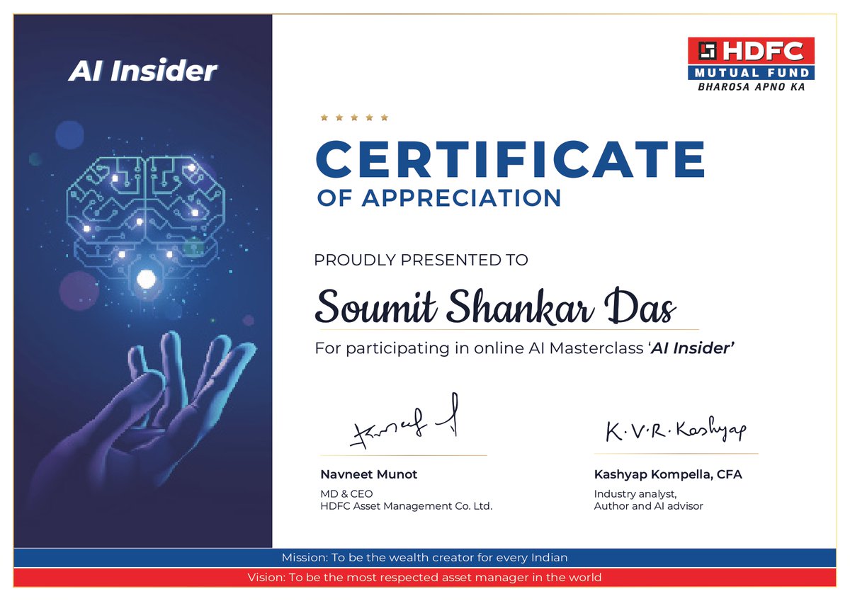 soumitd's tweet photo. #ArtificialIntelligence serves as a powerful partner for Wealth Professionals, enhancing efficiency, accuracy, and the quality of client service. Thank you @hdfcmf  and @kashyapkompella for the AI Insider Masterclass

#FinancialPlanning #WealthManagement https://t.co/0OFaFDQ1mA
