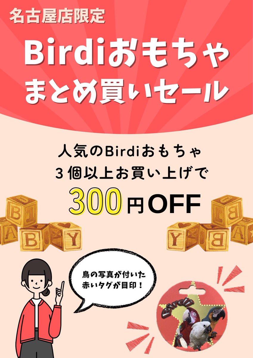 compamal_ngy's tweet photo. 【✨️名古屋店限定！！✨️】

Birdiのおもちゃ3個以上のお買上げで300円OFF！

期間は2026年2月16日～2026年3月31日まで！

名古屋店へダッシュ🏃‍♀️💨

 #こんぱまる名古屋 
 #Birdi https://t.co/XmbtCieknd