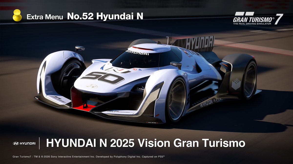 thegranturismo's tweet photo. Update 1.67 New Extra Menu
No.52 Hyundai N

A collection of Hyundai N's most exciting deigns, featuring a 4WD EV sports car with rallying heritage, the N brand's first full sports sedan, and the VGT from 2015 that paved the way forward.

Reward: 5-Star Roulette Ticket

#GT7