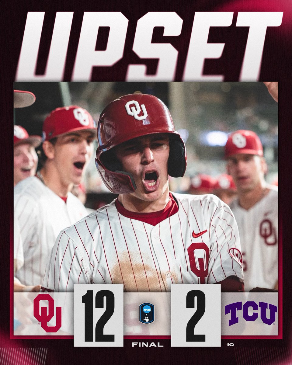 NCAABaseball's tweet photo. SOONERS STAY HOT🔥

@OU_Baseball gets the win over No. 10 TCU, 12-2, in 7 innings!

#NCAABaseball https://t.co/OsQZLJ4aQT