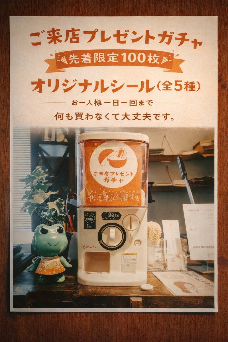 gyoi_zakkicho's tweet photo. ご来店プレゼントガチャ、はじめました。

先着限定100枚。
オリジナルシール（全5種）

お一人様一日一回まで。
何も買わなくて大丈夫です。

駅前なのに、少しわかりづらい場所です。
見つけてもらえたら嬉しいです。 https://t.co/KOvcMENQOZ