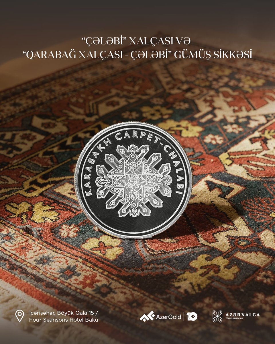 Azergoldgift's tweet photo. Qarabağ xalçaları – tarix, sənət və dəyər bir arada!
#Azərxalçadan Qarabağ xalçası əldə edin, «Laçın» və ya «Çələbi» gümüş sikkəsini hədiyyə qazanın! 

Ünvan: İçərişəhər, Böyük Qala 15 
Four Seasons Hotel Baku 

#AzerGold #Azerxalça #Azərbaycan #Gümüş #hədiyyə #gift #gümüş https://t.co/z9sJTfwDNj