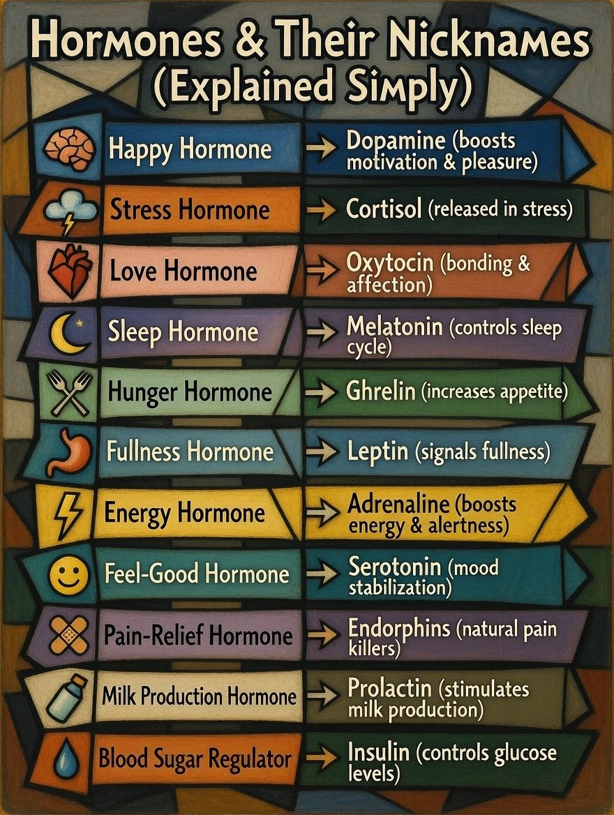 1. Which hormone is known as the Happy Hormone ?
a) Serotonin  
b) Dopamine  
c) Oxytocin  
d) Endorphins  

2. Which hormone is nicknamed the Stress Hormone?  
 a) Adrenaline  
 b) Cortisol  
 c) Melatonin  
 d) Insulin  

3. Love Hormone is the common nickname for ?
   a)