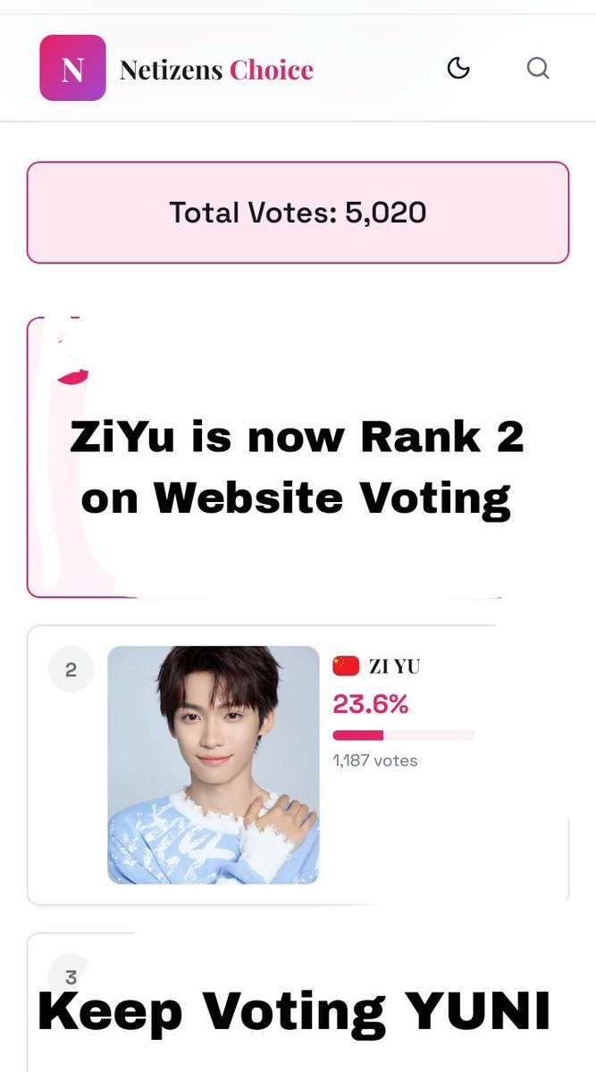 Keep Voting YUNI, Website Voting and App Voting 

Let's YUNITE

App Voting: Download Netezins Choice 

Vote here: netizenschoice.com/vote/the-most-…

#ZiYu