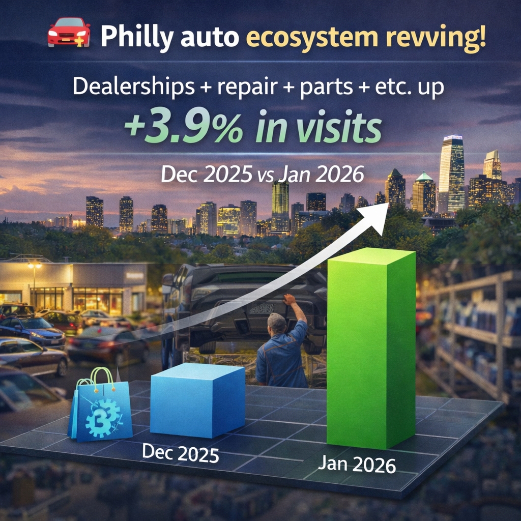 mapzot's tweet photo. 🚗 Philly auto ecosystem revving! Dealerships + repair + parts + etc. up +3.9% in visits Dec 2025 vs Jan 2026, https://t.co/2J9hXK6sMl exclusive. Liberty wheels spinning! 🔔🔥 Dive: https://t.co/nLtwXeOglx https://t.co/FayT7j9d4I #AutoPower #Philadelphia #MapZotAI #DriveDynasty https://t.co/4EUa2opg4x