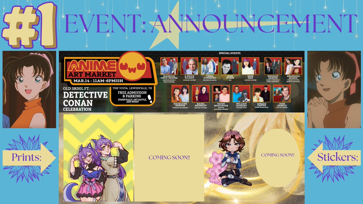 💫🎙️MY FIRST EVENT EVER !! 
Come, chat with me and ALL the awesome people who are going to be there! I'll be bringing a couple prints, and stickers of the characters I've been lucky to play. 🥰 Kazuha Toyama, is such a happy, precious lil bean. 
#DetectiveConan #voiceactor