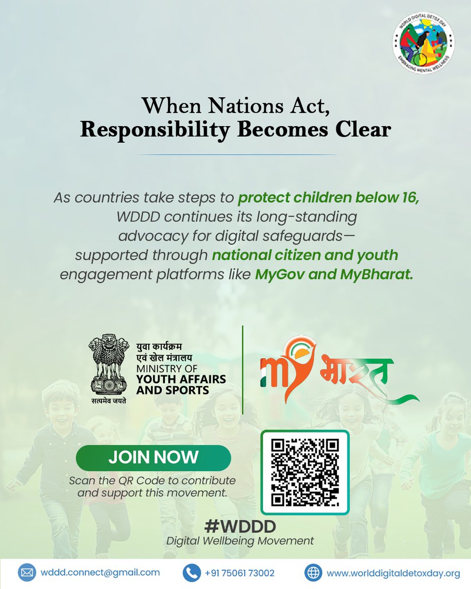 When nations begin to act, the responsibility becomes clearer than ever.
Across the world, countries are taking decisive steps to protect children below 16 from unrestricted social media exposure. 
💛 Donate Now
📲 Scan the QR code and be part of the Digital Wellbeing Movement.