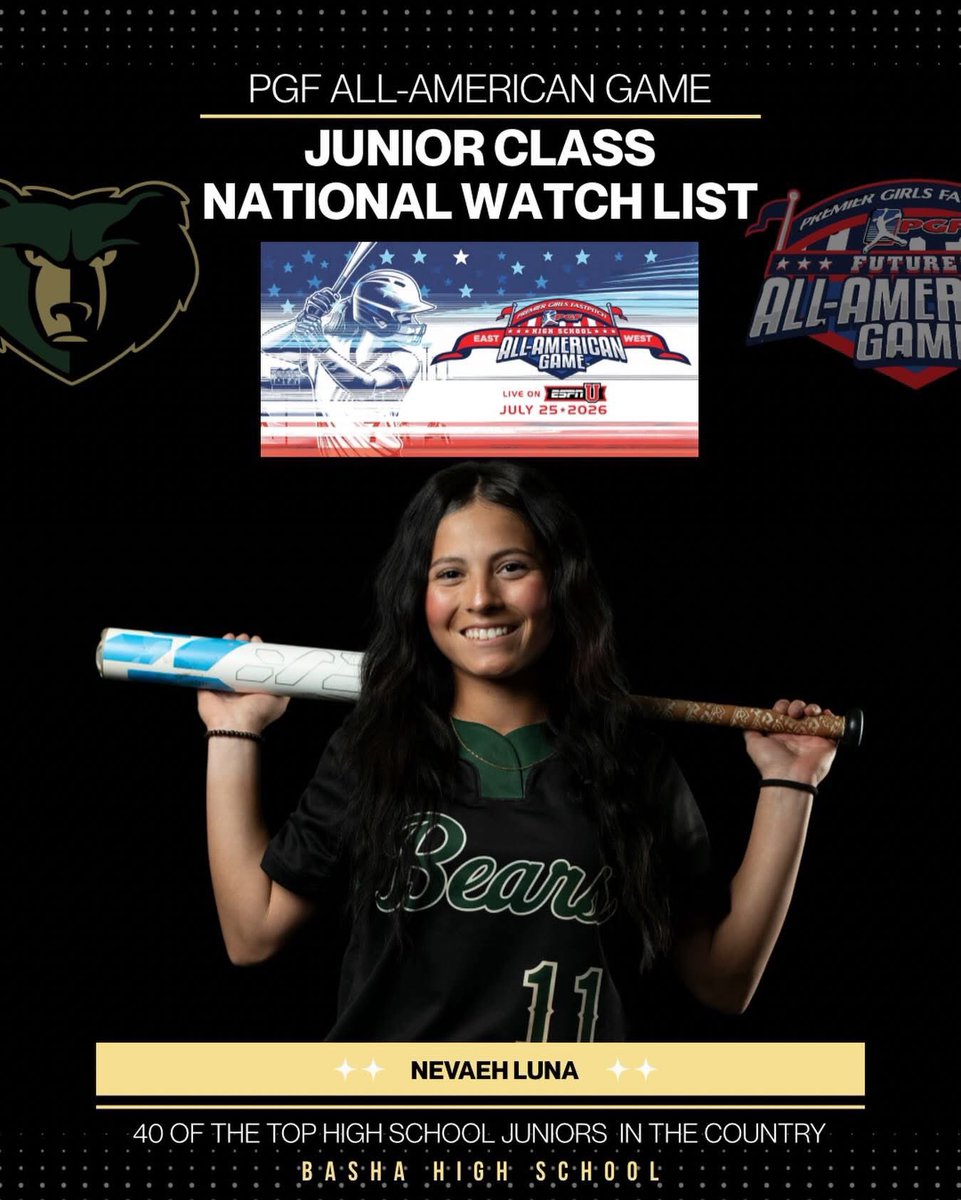 basha_softball's tweet photo. Way to represent our Juniors! 🫰
Proud of Nevaeh Luna on making the PGF ALL-AMERICAN Junior Class National Watch list. Can’t wait to watch you play this season. 🐻
@NevaehRose1122
#bashabearssoftball https://t.co/eaZjHBpwCy