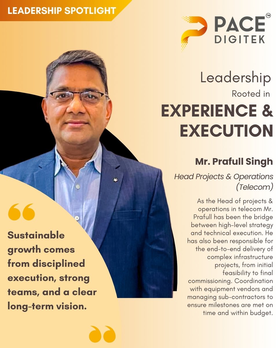 Leadership Spotlight: Mr. Prafull Singh, Head – Projects &amp; Operations (Telecom).
Driving disciplined execution, strong teams, and end-to-end delivery of complex telecom infrastructure at Pace Digitek.

#Leadership #Telecom #ProjectExecution #PaceDigitek