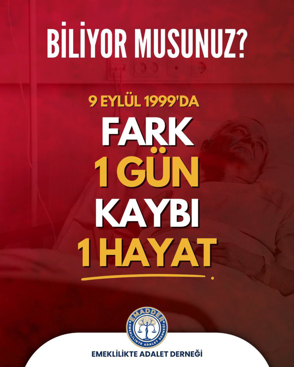 İşe giriş tarihi arasındaki fark:

1 gün

8 Eylül – 9 Eylül

Sadece 24 saat

Sonuçlara bakalım

1 gün = 204 ay

1 gün = 6.205 prim günü

1 gün = 17 yıl

1 gün = 4 milyon TL

Bu fark bir gün değil;
bir ömür, bir hayat.

Ve adı konmamış👇

 YASAL Adaletsizlik‼️

#KademeKonferansı