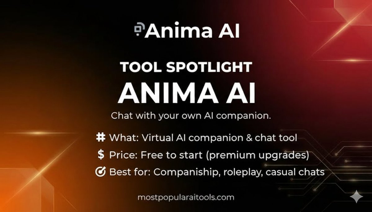 Mzeeshan4554's tweet image. 🚀 Tool Spotlight: Anima AI

Chat with your own AI companion.

🧩 What: Virtual AI companion &amp;amp; chat tool
💸 Price: Free to start (premium upgrades)
🎯 Best for: Companionship, roleplay, casual chats

Find more AI tools: mostpopularaitools.com

#AnimaAI #AICompanion #AIChat