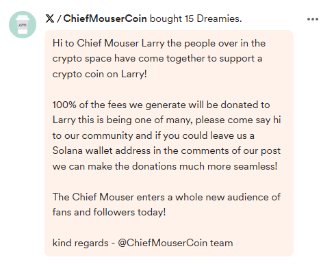 ChiefMouserCoin's tweet photo. First dono made!

$LARRY

https://t.co/pE7pLZMwwp https://t.co/ppCKQyOn7B