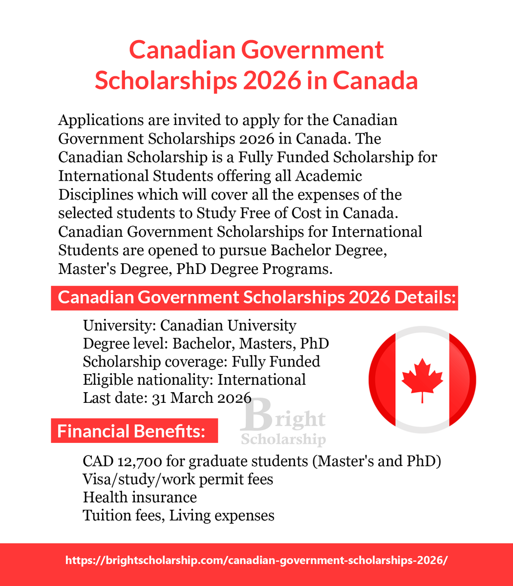 BrightSship's tweet photo. Canadian Government Scholarships 2026 in Canada (Fully Funded)

Degree level: BS, MS, PhD
Eligible nationality: International
Last date: 31 March 2026

Apply Link: https://t.co/pBaD14zk5g

#BrightScholarship #FullyFunded #Scholarships #Canada #Students #studyabroad #study https://t.co/Tw2HIxOShn