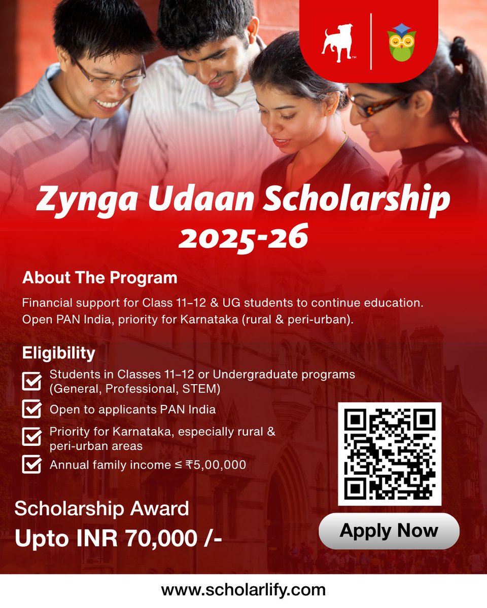 scholarlify's tweet photo. 🚨 Applications Open!
Zynga Udaan Scholarship 2025–26 offers up to ₹70,000 for Class 11–12 &amp; UG students across India (Priority: Karnataka).
Don’t miss this chance to fund your education
Apply Now : https://t.co/DaLq7uZEMT

@zynga @scholarlify https://t.co/Iv8pszlMib