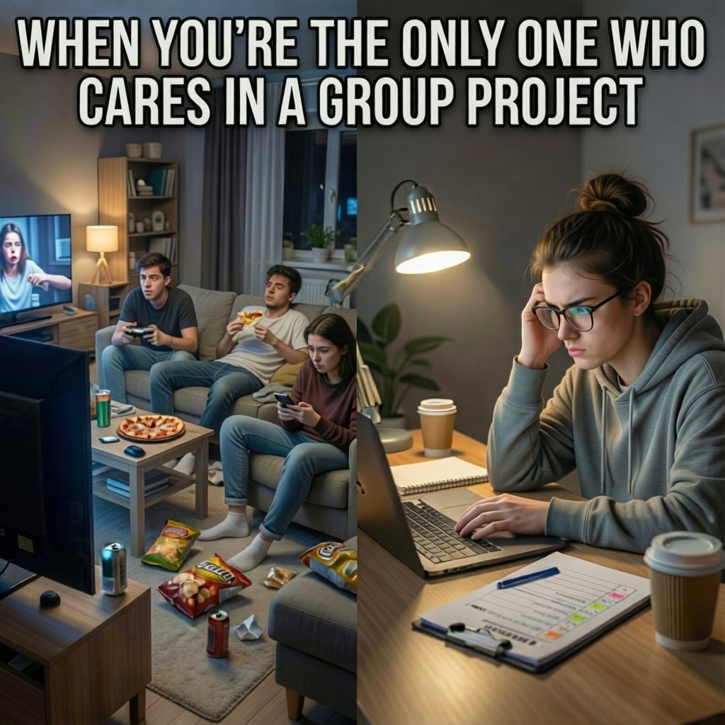 positeevitee's tweet image. Ever been the only one who actually does the work in a group project? This meme is for you. 😂 Relatable? #GroupProjectStruggles #Diligence #Meme #StudentLife