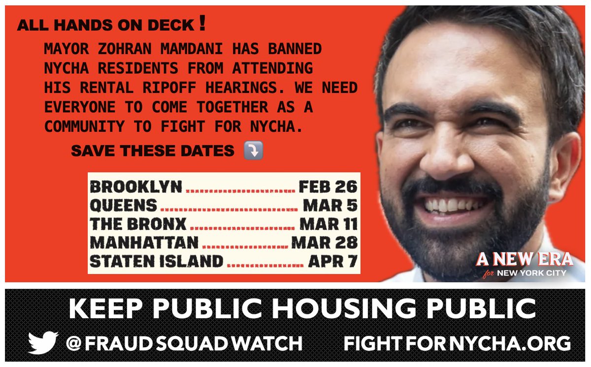 JasonMurilloNY's tweet photo. ALL HANDS ON DECK : We are calling on all of our friends, allies, comrades, and partners in the struggle and la lucha -- Zohran Mamdani has sold us out. It's time to "Dianne Morales" these rental ripoff hearings. You know exactly what to do 👀 Save these dates ⤵️ #FightForNYCHA https://t.co/kGicw8Gcoe