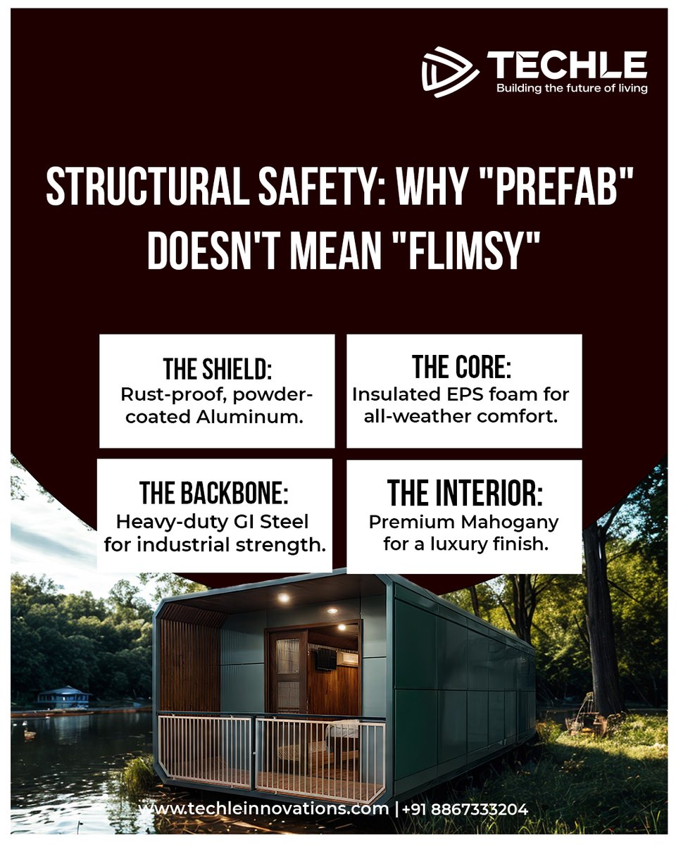 Techleindo's tweet photo. Prefab ≠ Flimsy. 
Aluminum homes by Techle Indo Innovation are built with:

 *Powder-coated Aluminum
 *EPS Insulation
 *GI Steel Structure
 *Premium Mahogany Interior

Strong. Stylish. Built to Last. 
📞 Contact Us Today: 8867333204

#AluminiumHomes #PrefabIndia #ModularHomes https://t.co/VwuguQDCD5