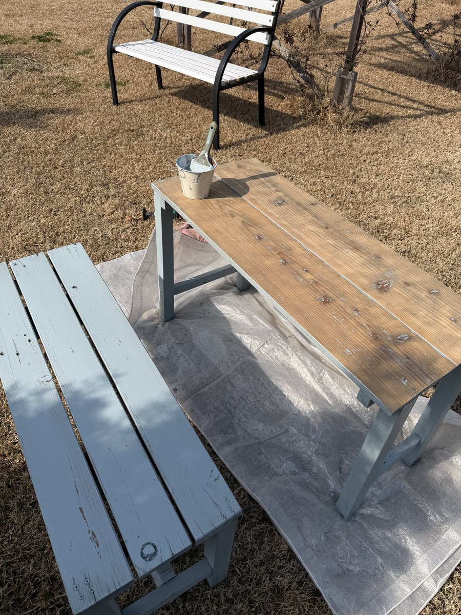 moguberipark's tweet image. 今日はお客様に屋外席を気持ち良く使って頂く為、年に2回程の塗装塗り直し✊
(今回は天板だけで済みました😮‍💨)

夏は塗装が激しく痛み、冬は木材が収縮して剥がれます

ケレン掛け、古い塗膜を剥がすのは本当に大変ですね😅
塗装屋さんの苦労を味わえます🤣

#屋外　#塗装　#ペンキ　#ケレン掛け
