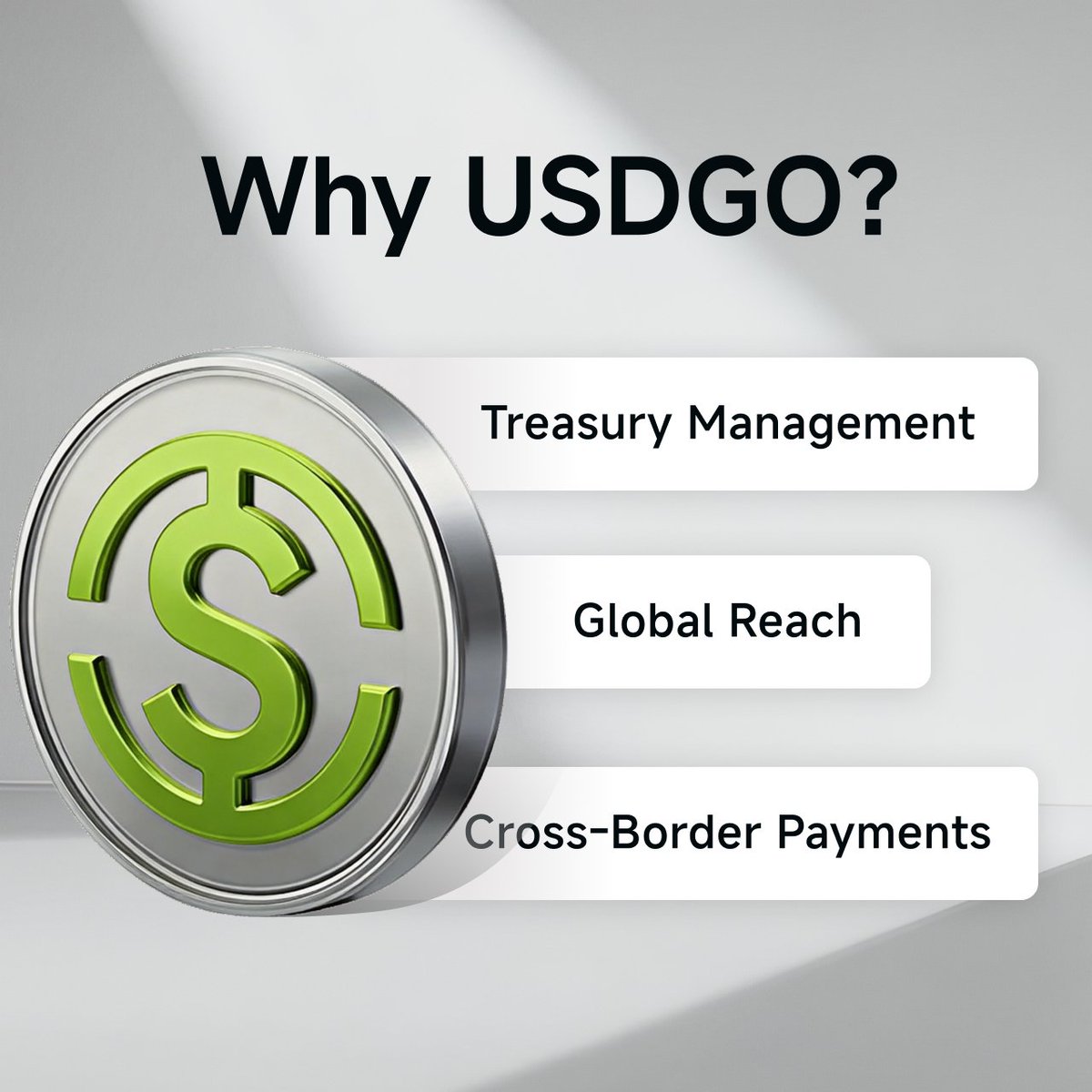 Why USDGO?

Because enterprises don’t need another token.

They need a regulated, 1:1 USD stablecoin that actually moves money like data.

Look at the numbers:

🟢Treasury Management → Real-time visibility + instant global transfers. Zero banking-hour delays. Cut idle capital