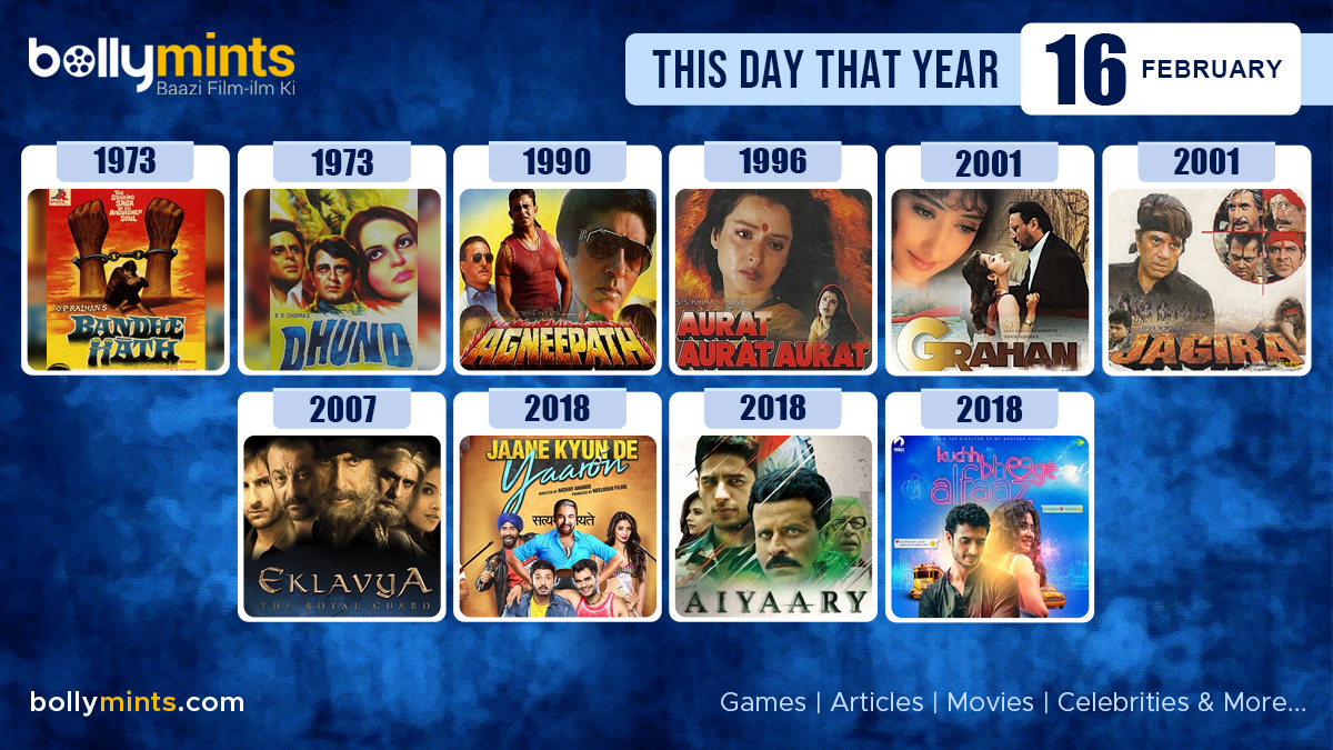 BollyMints's tweet photo. Here are the few #BollywoodMovies released on this day. Stay tuned at https://t.co/ohKmuyqHCy for more #updates #ThisDayThatYear #16February #BandheHaath #Dhund #Agneepath #AuratAuratAurat #Grahan #Jagira #Eklavya #JaaneKyunDeYaaron #Aiyaary #KuchhBheegeAlfaaz https://t.co/CC4lWlhWaQ