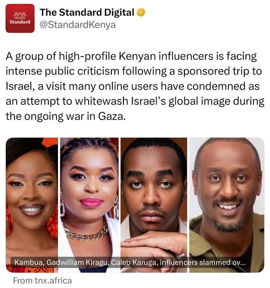 The group of influencers who were taken to Israel are about to be unleashed, each probably has enlisted up to other 20 micro influencers to do their dirty works of whitewashing Israel. We reject Israel settlements in Kenya!
#RutoMustGo