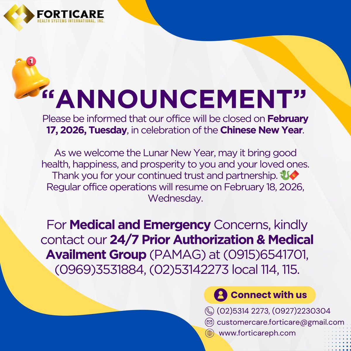 forticareph's tweet photo. ***PUBLIC ADVISORY***
Please be informed that our office will be closed on February 17, 2026, Tuesday, in celebration of the Chinese New Year. #betterhealthbetterlife https://t.co/4KHpqZ2Po6