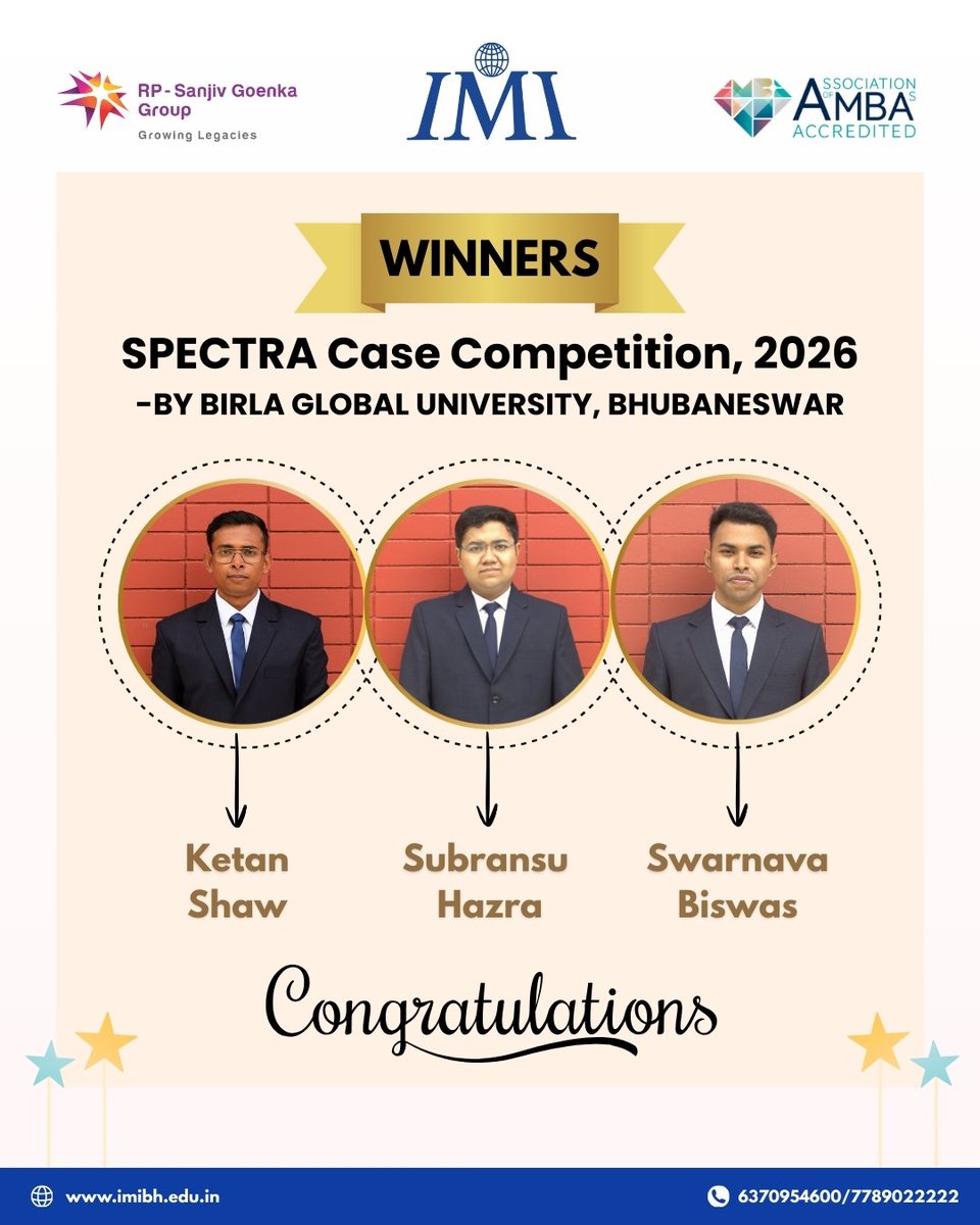 IMI_Bhubaneswar's tweet image. IMI Bhubaneswar students secured 1st Prize at Case Com, Spectra 2026 hosted by Birla School of Management, BGU. 🏆
Proud of their analytical rigor, strategy &amp;amp; teamwork that brought glory to campus!
#imi #imibhubaneswar #imib #futureforwardwithimib #winners