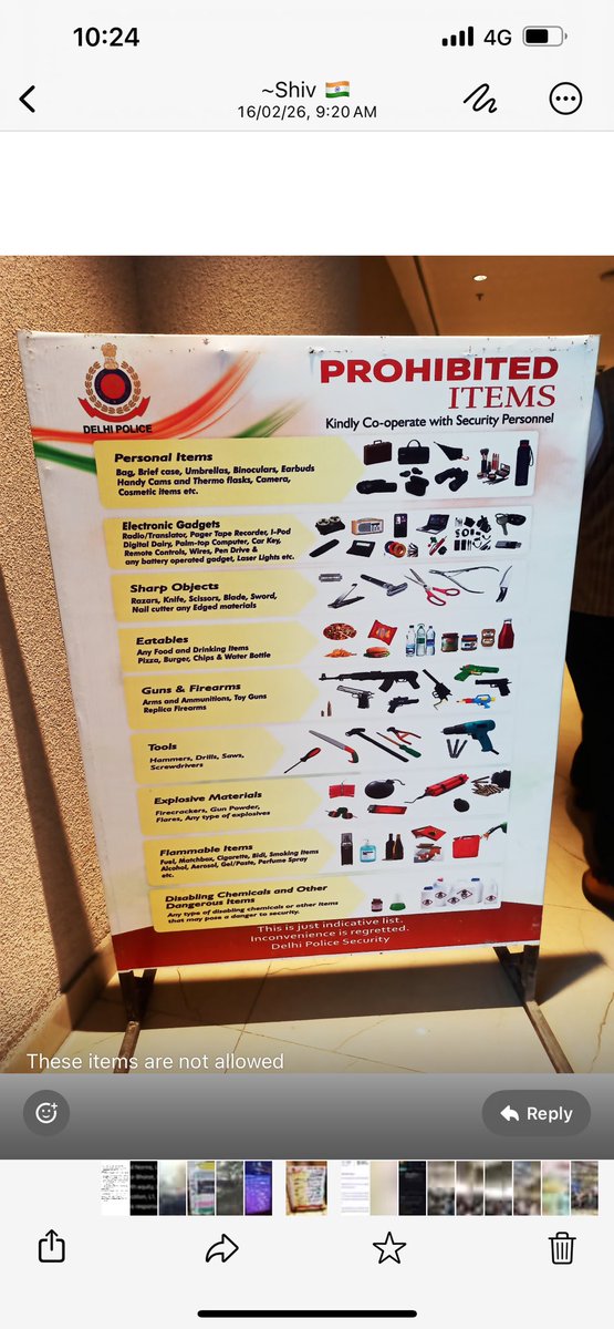 list of India AI Impact Summit Prohibited Items 

> bags ( come empty handed )

> car keys ( park the car and throw away the keys )

> laptops ( it’s not necessary to bring a laptop to a tech event ) 

> earbuds ( listening is optional )

> food and water ( you there for a picnic